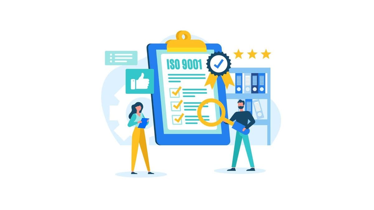 Illustrazione della certificazione volontaria secondo norme iso, con professionisti che verificano standard qualitativi e documenti aziendali.