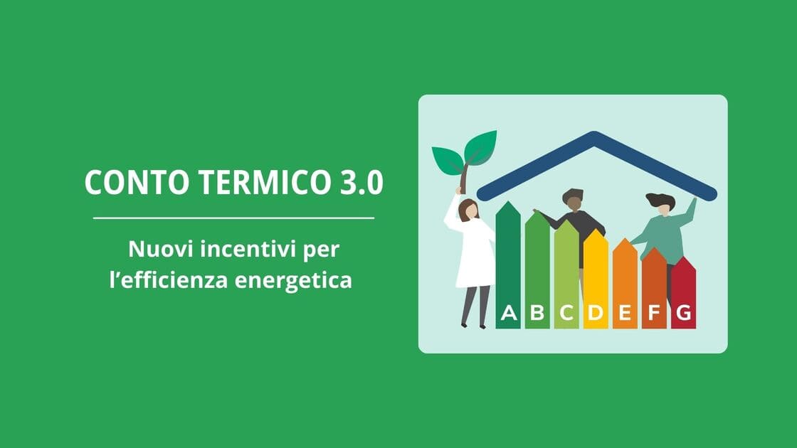 copertina dell'articolo sul nuovo conto termico 3.0, nuovi incentivi per l'efficienza energetica, con a destra l'immagine grafica di tre persone che reggono il tetto di una casa e con una staccionata verde, gialla, arancione e rossa