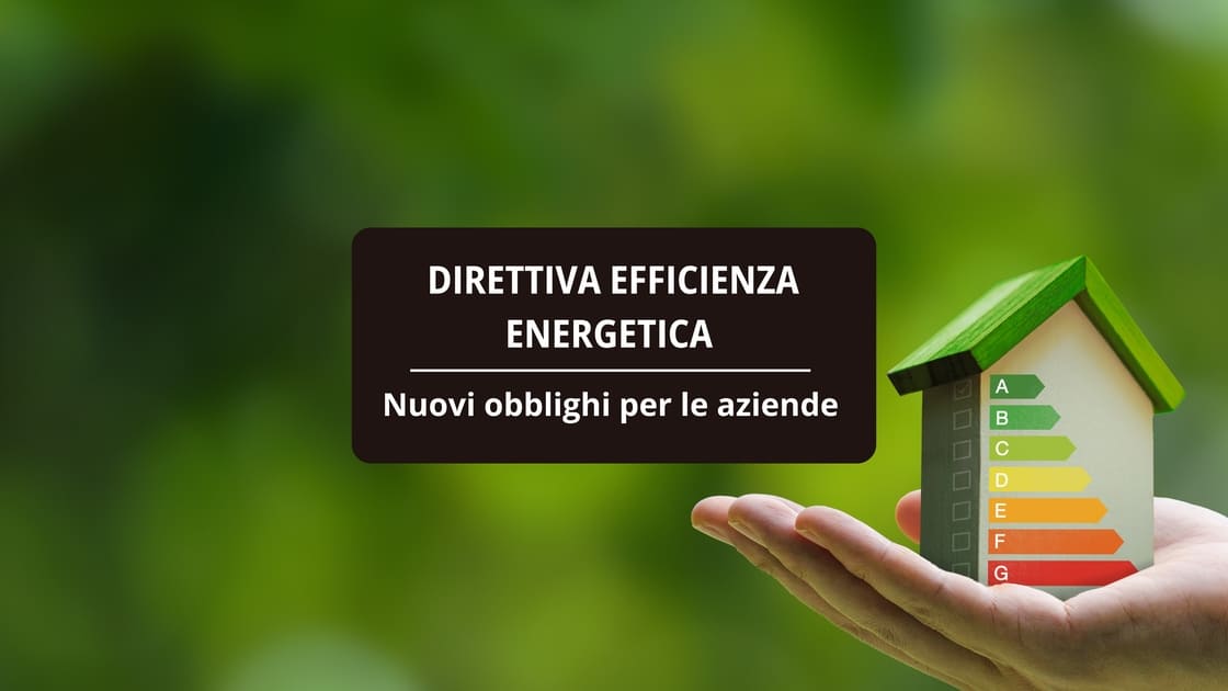 copertina dell'articolo sulla direttiva efficienza energetica con una mano che tiene una piccola casa con sopra un'etichetta energetica